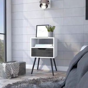 Otom Nightstand , Superior Top, One Open Shelf, One Drawer, Four Legs -Smokey Oak / White Otom Nightstand , Superior Top, One Open Shelf, One Drawer, Four Legs -Smokey Oak / White