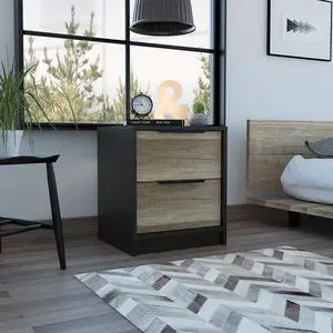 Kaia Nightstand , End Table, Side Table Two Drawers, Metal Handle -Black / Pine Kaia Nightstand , End Table, Side Table Two Drawers, Metal Handle -Black / Pine