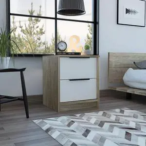 Kaia Nightstand , End Table, Side Table Two Drawers, Metal Handle -White / Pine Kaia Nightstand , End Table, Side Table Two Drawers, Metal Handle -White / Pine