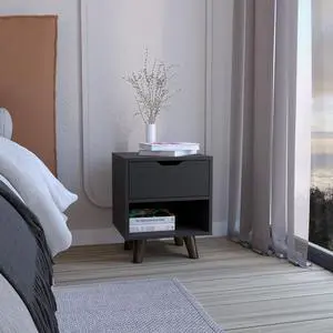 Crail Nightstand With 1 Open Storage Shelf, 1 Drawer And Wooden Legs Crail Nightstand With 1 Open Storage Shelf, 1 Drawer And Wooden Legs