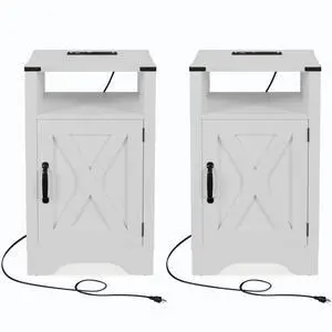 Set Of 2, 16" White Farmhouse Nightstand W/ Charging Station & Storage Set Of 2, 16" White Farmhouse Nightstand W/ Charging Station & Storage
