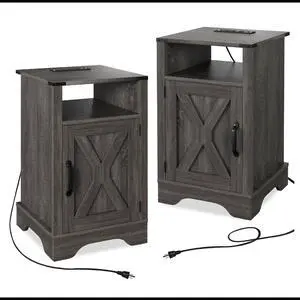 Set Of 2, 16" Dark Grey Farmhouse Nightstand W/ Charging Station & Storage Set Of 2, 16" Dark Grey Farmhouse Nightstand W/ Charging Station & Storage
