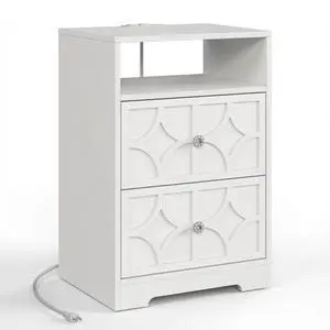 Set Of 2, 18.9 Width White Wood Nightstand With 2 Drawers & Charging Station, Diamond Carved Side Table Set Of 2, 18.9 Width White Wood Nightstand With 2 Drawers & Charging Station, Diamond Carved Side Table