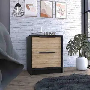 Nightstand Cervants, Two Drawers, Metal Handle, Black Wengue / Pine Finish Nightstand Cervants, Two Drawers, Metal Handle, Black Wengue / Pine Finish