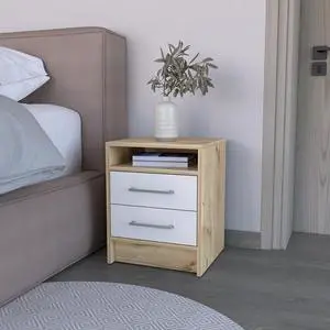 Nightstand Cartiz, Two Drawers, White / Light Oak Finish Nightstand Cartiz, Two Drawers, White / Light Oak Finish