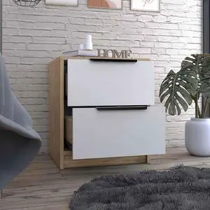 Nightstand Cervants, Two Drawers, Metal Handle, White / Pine Finish Nightstand Cervants, Two Drawers, Metal Handle, White / Pine Finish