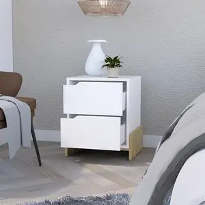 Nightstand Brookland, Bedside Table With Double Drawers And Sturdy Base, White / Macadamia Finish Nightstand Brookland, Bedside Table With Double Drawers And Sturdy Base, White / Macadamia Finish