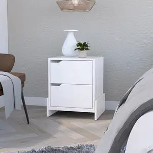 Nightstand Brookland, Bedside Table With Double Drawers And Sturdy Base, White Finish Nightstand Brookland, Bedside Table With Double Drawers And Sturdy Base, White Finish