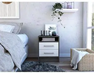 Nightstand 20"H, Two Drawers, Superior Top, Metal Handles, Smokey Oak / White Nightstand 20"H, Two Drawers, Superior Top, Metal Handles, Smokey Oak / White