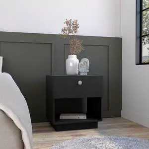Single Drawer Nightstand 19"H With Open Storage Shelf, Black Single Drawer Nightstand 19"H With Open Storage Shelf, Black
