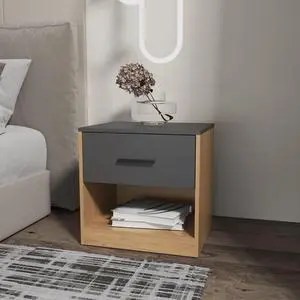 Solomon Nightstand With A Drawer, Natural Oak And Matt Grey Solomon Nightstand With A Drawer, Natural Oak And Matt Grey