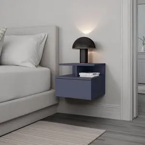 Lee Ju Floating Nightstand, 1 Drawer, Open Shelf, Wall Mounted Design, Kronos Blue Lee Ju Floating Nightstand, 1 Drawer, Open Shelf, Wall Mounted Design, Kronos Blue