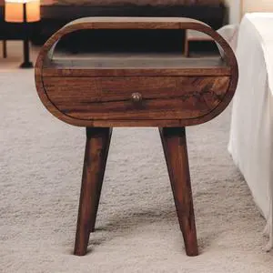 Solid Wood Honey Caramel Circular Bedside With Open Slot, 1-Drawer, Nordic Legs, Dark Brown Solid Wood Honey Caramel Circular Bedside With Open Slot, 1-Drawer, Nordic Legs, Dark Brown