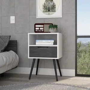 Otom Nightstand , Superior Top, One Open Shelf, One Drawer, Four Legs -Smokey Oak / White Otom Nightstand , Superior Top, One Open Shelf, One Drawer, Four Legs -Smokey Oak / White