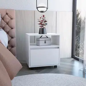 Austin Nightstand , End Table, Side Table Casters, Single Drawer-White Austin Nightstand , End Table, Side Table Casters, Single Drawer-White