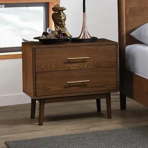 Walnut 1Pc Nightstand Solid Wood Bedside Table Nickle Bar Pulls 2-Drawers Round Tapered Legs Bedroom Modern Style Walnut 1Pc Nightstand Solid Wood Bedside Table Nickle Bar Pulls 2-Drawers Round Tapered Legs Bedroom Modern Style