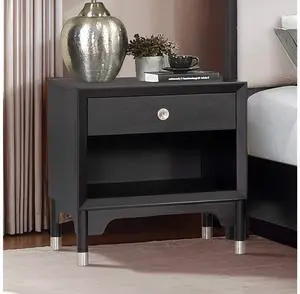 Mid-Century Modern Style 1Pc Nightstand Silver Capped Legs Round Knobs Usb Charging Port Black Finish Bedroom Furniture Mid-Century Modern Style 1Pc Nightstand Silver Capped Legs Round Knobs Usb Charging Port Black Finish Bedroom Furniture