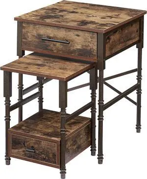 Nesting End Tables With Drawers, Metal Frame & Wooden Top, Stackable Small & Large Side Tables For Living Room, Bedroom, Sofa Side (Brown) Nesting End Tables With Drawers, Metal Frame & Wooden Top, Stackable Small & Large Side Tables For Living Room, Bedroom, Sofa Side (Brown)