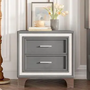 Mid Century Vintage Nightstand With Silver Glitter Strip Decor And Metal Legs, Velvet Bedside Table With 2 Drawers, Fully Assembled Except Legs And Handles, Gray Mid Century Vintage Nightstand With Silver Glitter Strip Decor And Metal Legs, Velvet Bedside Table With 2 Drawers, Fully Assembled Except Legs And Handles, Gray