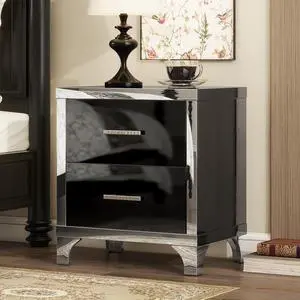 Elegant High Gloss Nightstand With Metal Handle,Mirrored Bedside Table With 2 Drawers For Bedroom,Living Room,Black Elegant High Gloss Nightstand With Metal Handle,Mirrored Bedside Table With 2 Drawers For Bedroom,Living Room,Black