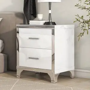 Elegant High Gloss Nightstand With Metal Handle,Mirrored Bedside Table With 2 Drawers For Bedroom,Living Room,White Elegant High Gloss Nightstand With Metal Handle,Mirrored Bedside Table With 2 Drawers For Bedroom,Living Room,White