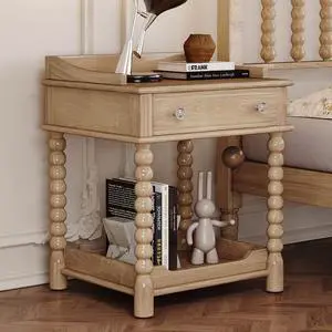 Retro Style Nightstand With Drawer And Open Shelf For Bedroom, Bedside Table With Turned Legs And Metal Handle,Natural Retro Style Nightstand With Drawer And Open Shelf For Bedroom, Bedside Table With Turned Legs And Metal Handle,Natural