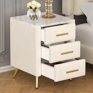 Upholstered Wooden Nightstand With 3 Drawers And Metal Legs&Handles, Bedside Table With Marbling Stickers Worktop - Beige Upholstered Wooden Nightstand With 3 Drawers And Metal Legs&Handles, Bedside Table With Marbling Stickers Worktop - Beige