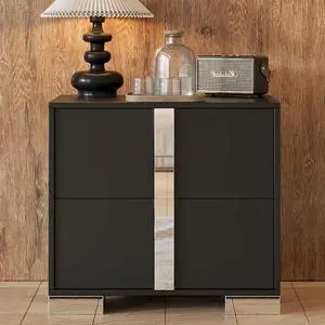 Elegant Nightstand With Metal Foot, Mirrored Bedside Table With 2 Drawers For Bedroom, Living Room, Black Elegant Nightstand With Metal Foot, Mirrored Bedside Table With 2 Drawers For Bedroom, Living Room, Black