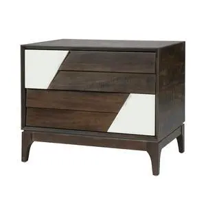 Modern 2-Drawer Nightstand With Two-Tone Geometric Design, Japandi Style Bedside Table With Angled Patchwork Detail, Brown & Cream White End Table For Bedroom, Living Room, Solid Tapered Legs Modern 2-Drawer Nightstand With Two-Tone Geometric Design, Japandi Style Bedside Table With Angled Patchwork Detail, Brown & Cream White End Table For Bedroom, Living Room, Solid Tapered Legs