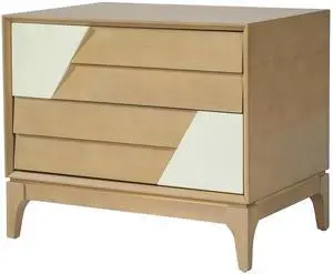 Modern 2-Drawer Nightstand With Two-Tone Geometric Design, Japandi Style Bedside Table With Angled Patchwork Detail, Natural & Cream White End Table For Bedroom, Living Room, Solid Tapered Legs Modern 2-Drawer Nightstand With Two-Tone Geometric Design, Japandi Style Bedside Table With Angled Patchwork Detail, Natural & Cream White End Table For Bedroom, Living Room, Solid Tapered Legs