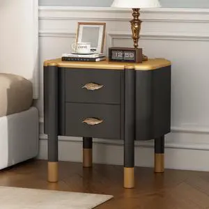 Contemporary 2 Drawers Nightstand With Curved Profile Design, Bedside Table With Metal Feather-Shaped Handles And Exposed Legs, End Table For Living Room And Bedroom, Easy Assembly, Black Contemporary 2 Drawers Nightstand With Curved Profile Design, Bedside Table With Metal Feather-Shaped Handles And Exposed Legs, End Table For Living Room And Bedroom, Easy Assembly, Black