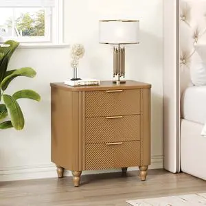 Mid-Century Fluted 3 Drawers Nightstand, Bedside Table With Curved Profile Design And Wide Gold Glossy Handles, End Table For Living Room, Bedroom, Easy Assembly, Natural Mid-Century Fluted 3 Drawers Nightstand, Bedside Table With Curved Profile Design And Wide Gold Glossy Handles, End Table For Living Room, Bedroom, Easy Assembly, Natural