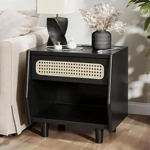 Black Nightstand With Rattan Detail, Mdf + Solid Wood, Modern Bedroom Storage, Open Shelf & Drawer, Indoor Furniture Black Nightstand With Rattan Detail, Mdf + Solid Wood, Modern Bedroom Storage, Open Shelf & Drawer, Indoor Furniture