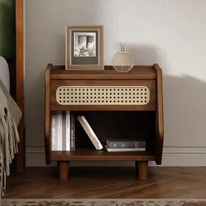 Walnut Nightstand With Rattan Detail, Mdf + Solid Wood, Modern Bedroom Storage, Open Shelf & Drawer, Indoor Furniture Walnut Nightstand With Rattan Detail, Mdf + Solid Wood, Modern Bedroom Storage, Open Shelf & Drawer, Indoor Furniture