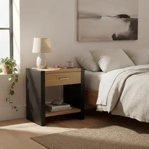 Wood Nightstand, Bedside Table Natural &Black Color Wood Nightstand, Bedside Table Natural &Black Color
