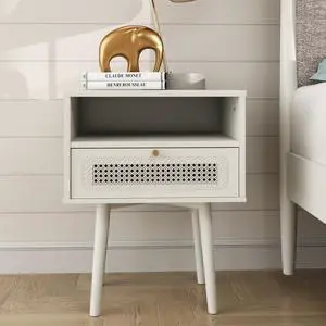 Feeney Dual-Tier Storage Nightstand, Side Table, Cream White Feeney Dual-Tier Storage Nightstand, Side Table, Cream White