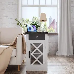 Farmhouse End Table With Charging Station, 15.4'' Rustic Nightstand With Barn Door & Adjustable Shelf, Wooden Sofa Side Table With 3-Tier Storage For Living Room, Bedroom, White Farmhouse End Table With Charging Station, 15.4'' Rustic Nightstand With Barn Door & Adjustable Shelf, Wooden Sofa Side Table With 3-Tier Storage For Living Room, Bedroom, White