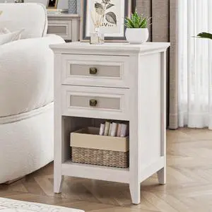 Farmhouse Nightstand, Boho Bedside Table With 2 Rattan Decor Drawers, Accent End Table With Open Storage Shelf, Wood Bedside Unit For Bedroom, Living Room, Home Office, Grayish White Farmhouse Nightstand, Boho Bedside Table With 2 Rattan Decor Drawers, Accent End Table With Open Storage Shelf, Wood Bedside Unit For Bedroom, Living Room, Home Office, Grayish White