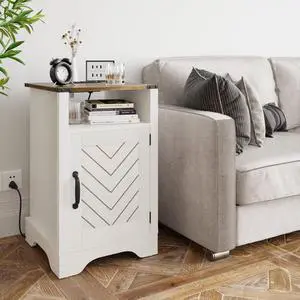 Farmhouse Nightstand With Charging Station Wooden End Table For Bedroom, Living Room, 16" D X 16" W X 25" H(Set Of 1), White And Rustic Oak Farmhouse Nightstand With Charging Station Wooden End Table For Bedroom, Living Room, 16" D X 16" W X 25" H(Set Of 1), White And Rustic Oak