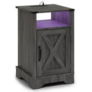Led Nightstand With Charging Station, Bedside Table With Storage Cabinet And Shelf, Rustic End Table, Farmhouse Wooden Side Table, For Bedroom, Living Room, Dark Gray Led Nightstand With Charging Station, Bedside Table With Storage Cabinet And Shelf, Rustic End Table, Farmhouse Wooden Side Table, For Bedroom, Living Room, Dark Gray