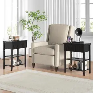 Fluted Nightstand With Charging Station,Farmhouse Night Stand With Drawer & 2 Open Storage Shelves,Modern Side Table For Bedroom Small Space Living Room Entryway,Black(Set Of 2) Fluted Nightstand With Charging Station,Farmhouse Night Stand With Drawer & 2 Open Storage Shelves,Modern Side Table For Bedroom Small Space Living Room Entryway,Black(Set Of 2)
