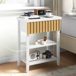 Fluted Nightstand With Charging Station,Farmhouse Night Stand With Drawer & 2 Open Storage Shelves,Modern Side Table For Bedroom Small Space Living Room Entryway,White Fluted Nightstand With Charging Station,Farmhouse Night Stand With Drawer & 2 Open Storage Shelves,Modern Side Table For Bedroom Small Space Living Room Entryway,White