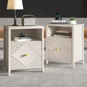 Nightstand With Charger Station And Usb Port,19 Inch Modern Night Stand With Storage Shelf, Bedside Tables For Bedroom, Home, Living Room,Beige(Set Of 2) Nightstand With Charger Station And Usb Port,19 Inch Modern Night Stand With Storage Shelf, Bedside Tables For Bedroom, Home, Living Room,Beige(Set Of 2)