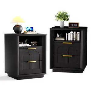 Large Two-Piece Bedside Table Set, 2-Drawer Side Table, Spacious Storage Side Table With Type-C Charging Station And Metal Handles, Suitable For Bedrooms, Living Rooms, And Offices, Black Large Two-Piece Bedside Table Set, 2-Drawer Side Table, Spacious Storage Side Table With Type-C Charging Station And Metal Handles, Suitable For Bedrooms, Living Rooms, And Offices, Black