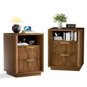 Large Two-Piece Bedside Table Set, 2-Drawer Side Table, Spacious Storage Side Table With Type-C Charging Station And Metal Handles, Suitable For Bedrooms, Living Rooms, And Offices, Walnut Large Two-Piece Bedside Table Set, 2-Drawer Side Table, Spacious Storage Side Table With Type-C Charging Station And Metal Handles, Suitable For Bedrooms, Living Rooms, And Offices, Walnut