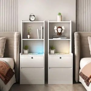 Nightstands Set Of 2, With Charging Station, Smart Nightstand With Night Light, Modern Night Stand With Bookshelf, Bedside Tables With Storage Cabinet For Bedroom,White Nightstands Set Of 2, With Charging Station, Smart Nightstand With Night Light, Modern Night Stand With Bookshelf, Bedside Tables With Storage Cabinet For Bedroom,White