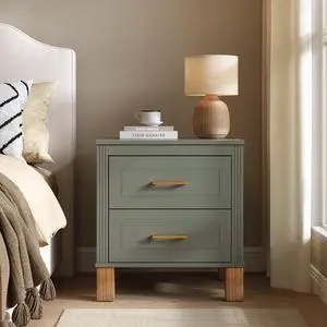 2 Drawer Nightstand, Premium Wood Storage With Elegant Fluted Design, Solid Wood Legs Nightstand With Metal Handle, Tall Bedside Table For Bedroom Living Room,Olive 2 Drawer Nightstand, Premium Wood Storage With Elegant Fluted Design, Solid Wood Legs Nightstand With Metal Handle, Tall Bedside Table For Bedroom Living Room,Olive