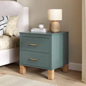 2 Drawer Nightstand, Premium Wood Storage With Elegant Fluted Design, Solid Wood Legs Nightstand With Metal Handle, Tall Bedside Table For Bedroom Living Room,Blue 2 Drawer Nightstand, Premium Wood Storage With Elegant Fluted Design, Solid Wood Legs Nightstand With Metal Handle, Tall Bedside Table For Bedroom Living Room,Blue