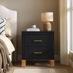 2 Drawer Nightstand, Premium Wood Storage With Elegant Fluted Design, Solid Wood Legs Nightstand With Metal Handle, Tall Bedside Table For Bedroom Living Room, Black 2 Drawer Nightstand, Premium Wood Storage With Elegant Fluted Design, Solid Wood Legs Nightstand With Metal Handle, Tall Bedside Table For Bedroom Living Room, Black