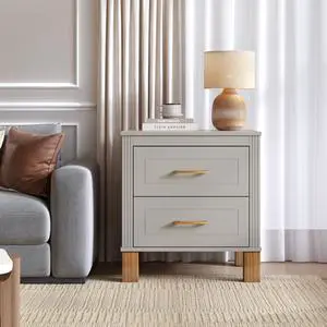 2 Drawer Nightstand, Premium Wood Storage With Elegant Fluted Design, Solid Wood Legs Nightstand With Metal Handle, Tall Bedside Table For Bedroom Living Room,Gray 2 Drawer Nightstand, Premium Wood Storage With Elegant Fluted Design, Solid Wood Legs Nightstand With Metal Handle, Tall Bedside Table For Bedroom Living Room,Gray